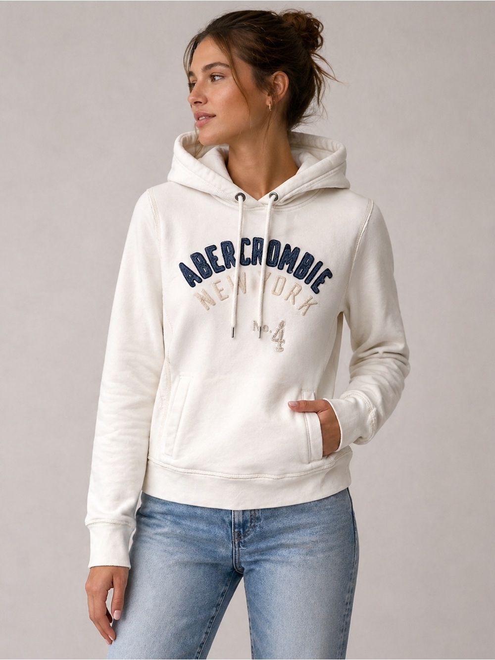 Abercrombie & Fitch Y2K Logo Slim Fit Hoodie Cream White Size Large